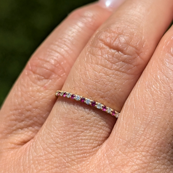 14k Yellow Gold Ruby and Diamond Dainty Band Ring - Picture 5 of 7